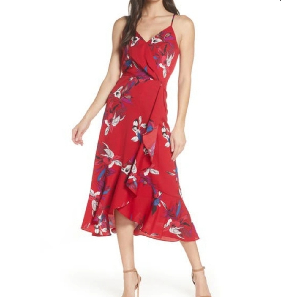 Chelsea28 red floral faux wrap dress Size small